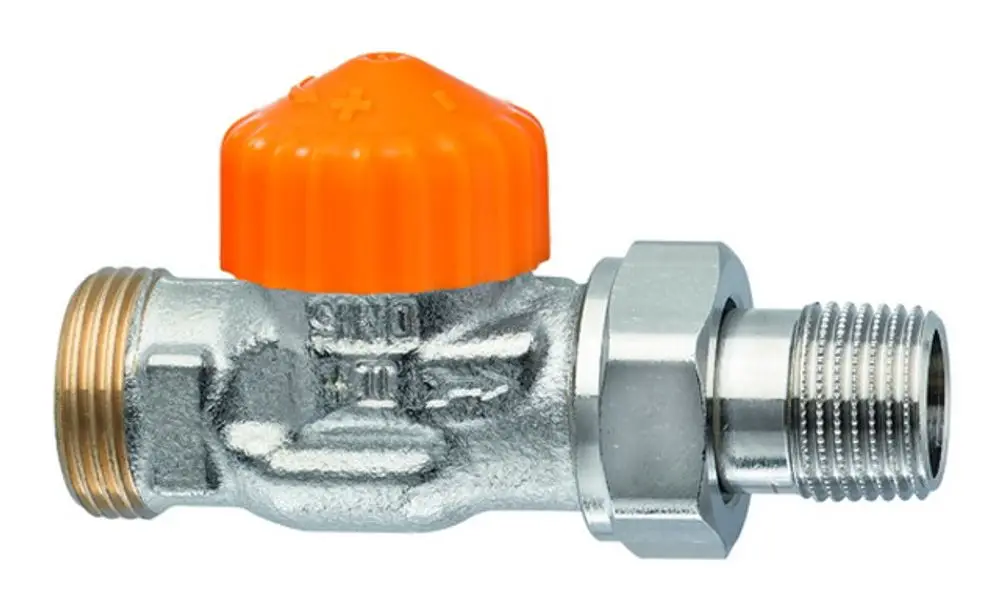 Thermostatventilunterteil mit orangefarbenem Griff und Außengewinde, hergestellt von IMI Hydronic Engineering. Das Ventil ist aus Metall und hat eine kompakte Bauform.